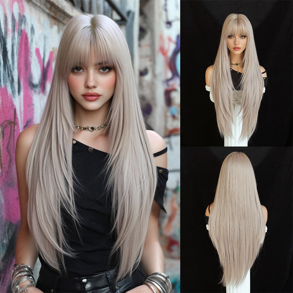 Peruca feminina dourada e branca, moderna com cabelo liso ultralongo, peruca preta completa, com franja e cobertura total da cabeça,