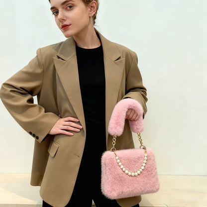 Fashionable Pearl Rabbit Fur Velvet Handbag Women's Crossbody Bag Chain Design Autumn Winter Small Versatile Bag Elegant