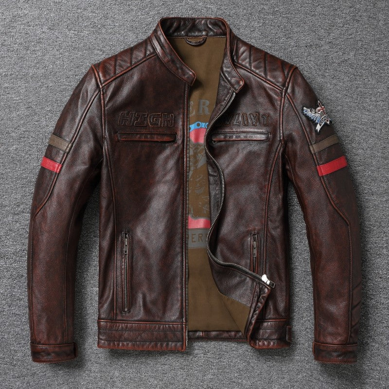 Fashionable Men's Motor Jacket Genuine Cow Leather Coat Male Outerwear Windbreaker Spring Autumn Cloth with Epaulet Brown