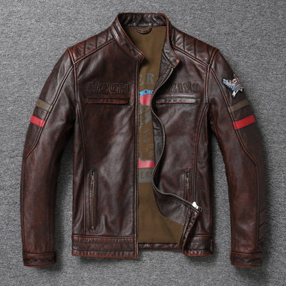 Fashionable Men's Motor Jacket Genuine Cow Leather Coat Male Outerwear Windbreaker Spring Autumn Cloth with Epaulet Brown