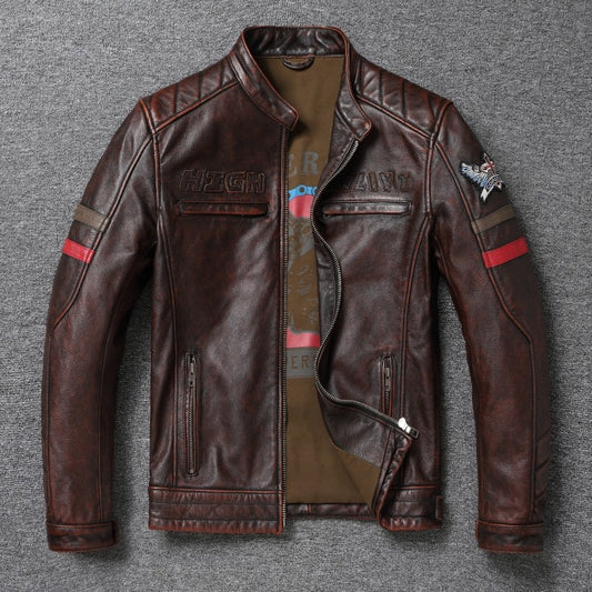 Fashionable Men's Motor Jacket Genuine Cow Leather Coat Male Outerwear Windbreaker Spring Autumn Cloth with Epaulet Brown
