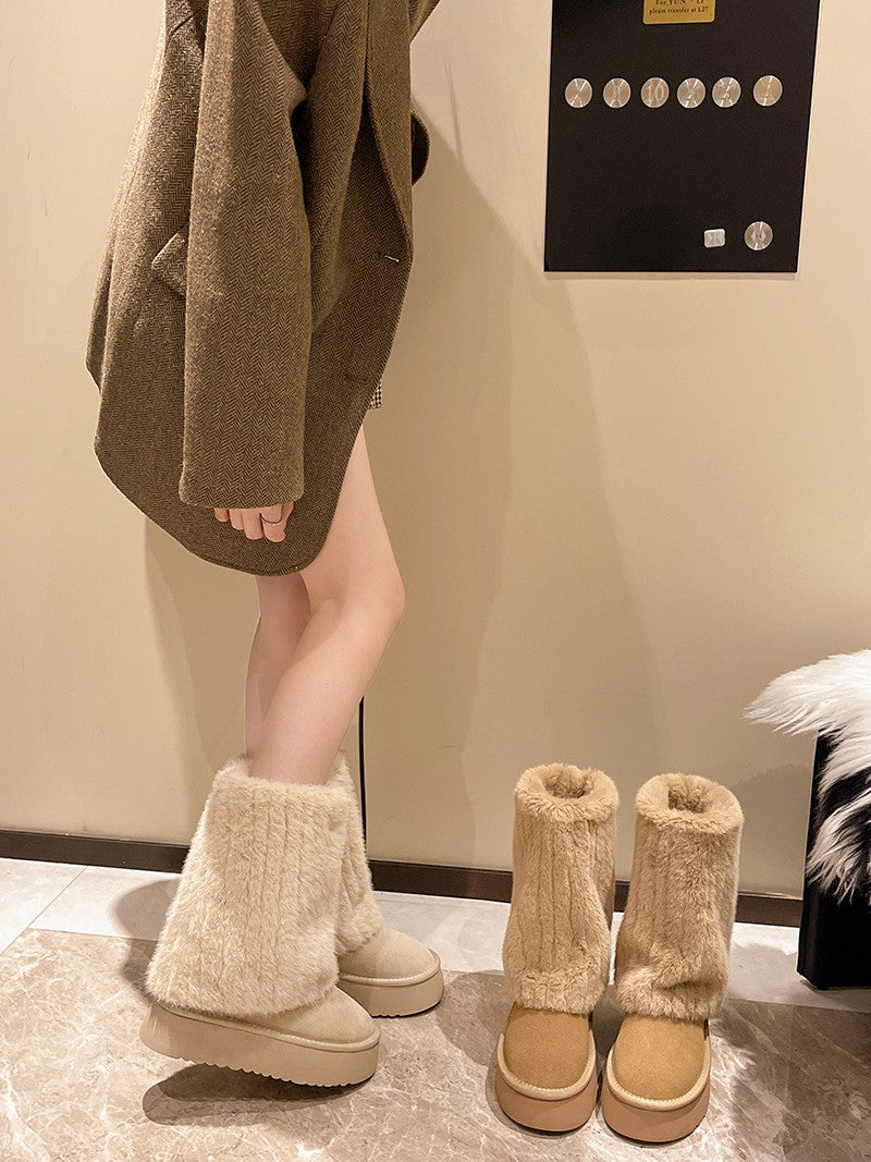 Women's Winter Snow Boots Outdoor Luxury Furry Faux Fox Fur Boots Woman Plush Warm Platform Shoes New Fashion Bottes Big Size