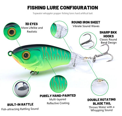Iscas de Pesca TREHOOK 9g/16g de Superfície Whopper Popper Cauda de Hélice Dupla Giratória Isca Artificial Flutuante