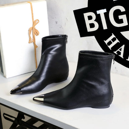 Retro European American Style Versatile Low Heel Heel Heightened Metal Pointed Iron Head Short Tube Women's Boots Short Boots