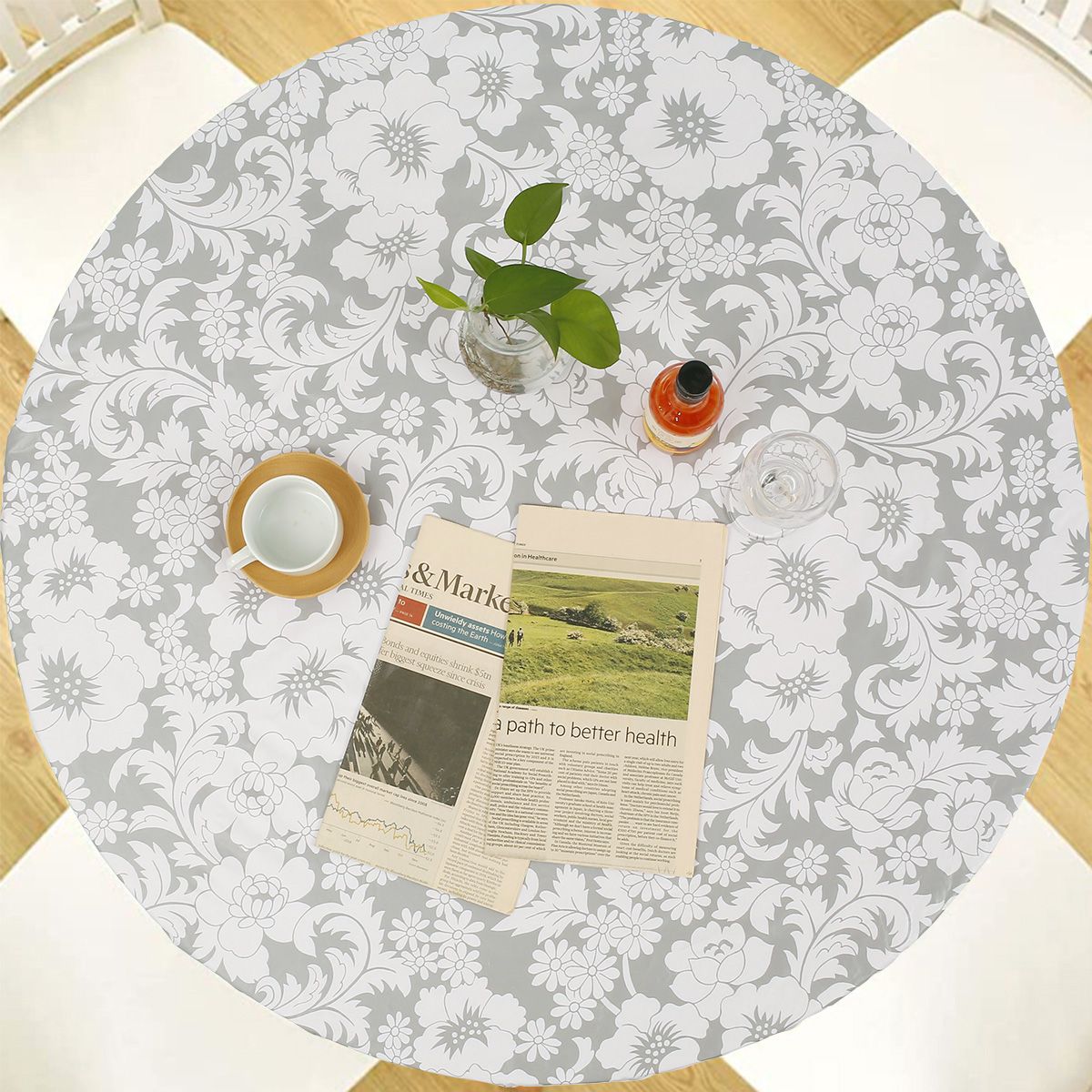 Waterproof Round Tablecloth Elastic Fixation Edged PVC Table Cover Flannel Backed Table Pad Oil-Proof for Dining Table Kitchen