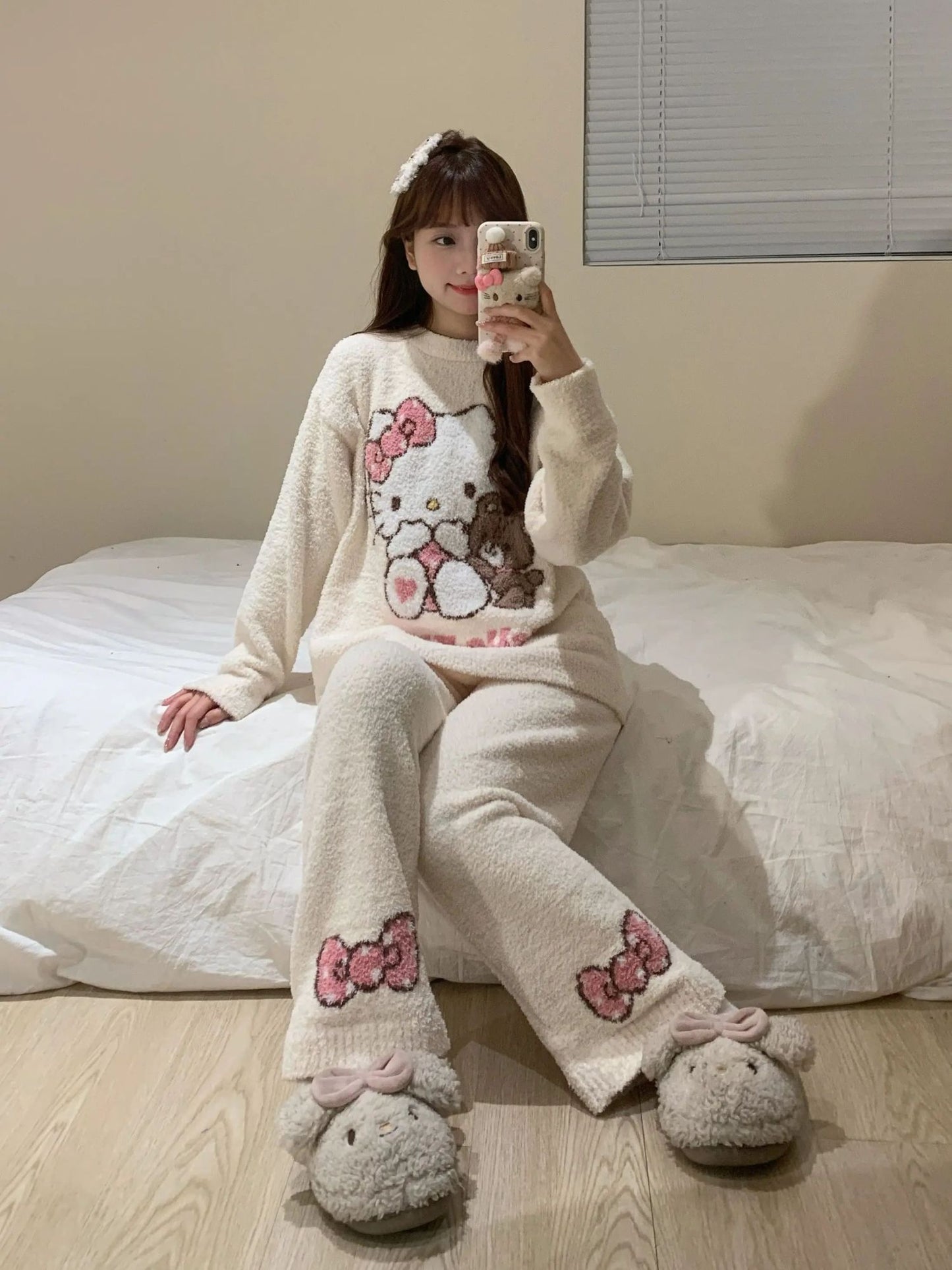Hello Kitty Women's 2025 Kawaii Brushed Fleece Pajama Set Fall Winter Plush Thermal Cozy Sleepwear & Home Loungewear