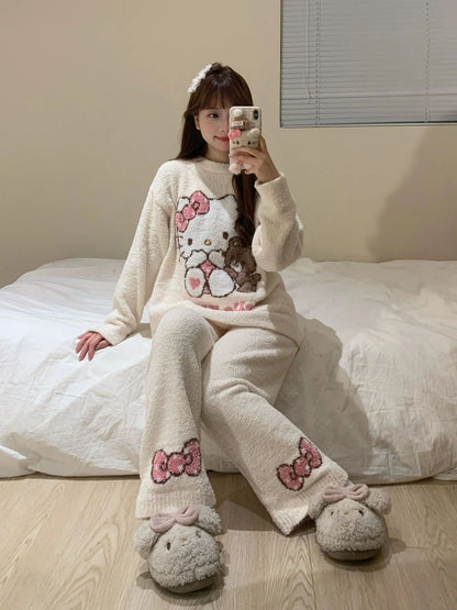 Hello Kitty Women's 2025 Kawaii Brushed Fleece Pajama Set Fall Winter Plush Thermal Cozy Sleepwear & Home Loungewear