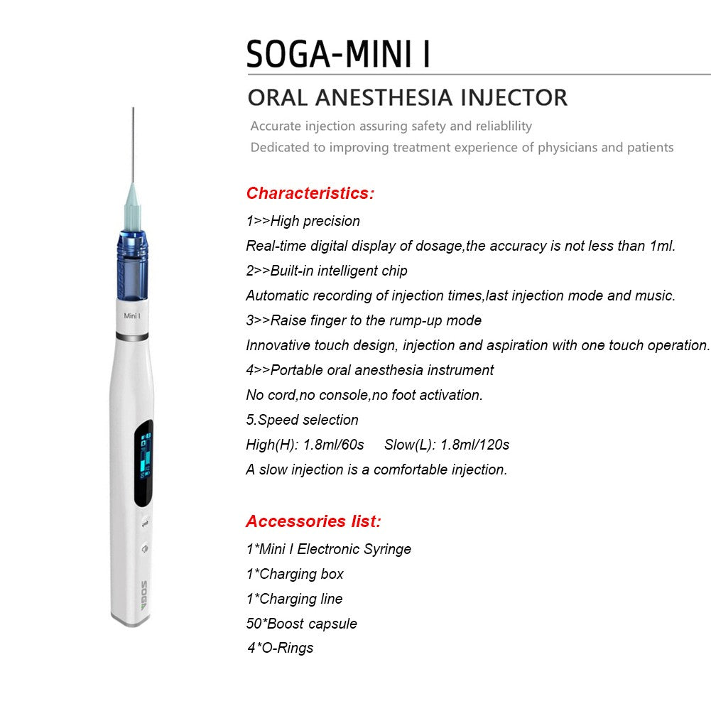 Seringa Aspiradora de Anestesia Tópica Oral Elétrica Indolor Injetor de Anestesia SOGA Mini I Smart 2 Acessórios Odontológicos