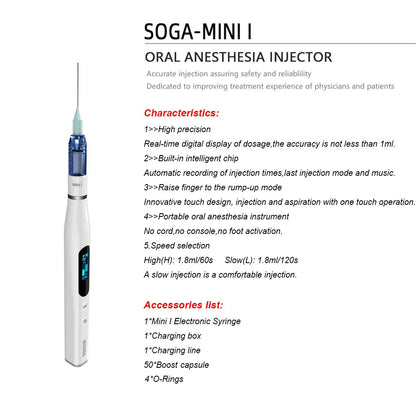 Seringa Aspiradora de Anestesia Tópica Oral Elétrica Indolor Injetor de Anestesia SOGA Mini I Smart 2 Acessórios Odontológicos