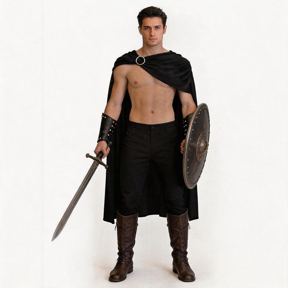 Men Spartan Warrior Cape CostumeMedieval Knight Cloak Set Halloween Carnival Masquerade Party Cosplay Outfit for Adult Male Stag