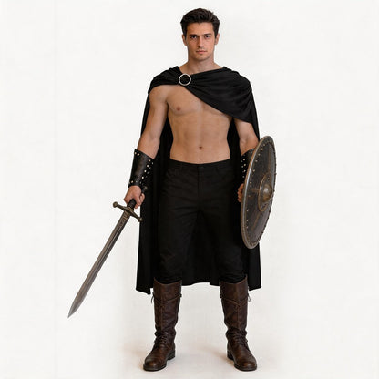 Men Spartan Warrior Cape CostumeMedieval Knight Cloak Set Halloween Carnival Masquerade Party Cosplay Outfit for Adult Male Stag