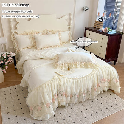 3pcs Korean style Duvet Cover Set (1*Duvet Cover + 2*Pillowcase, Without Core), Lace embroidery Bedding Set