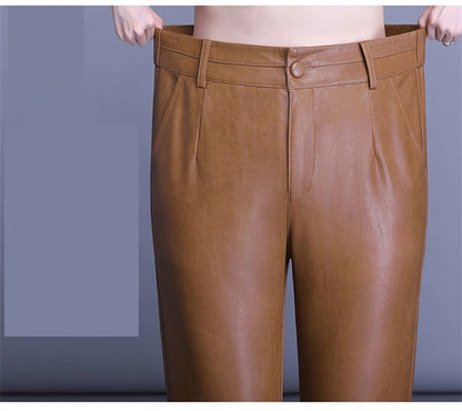 2023 Spring Autumn Sheepskin Pants Women High-waist Straight Pants Slim Lady Genuine Leather Casual Trousers Ankle-Length Pants