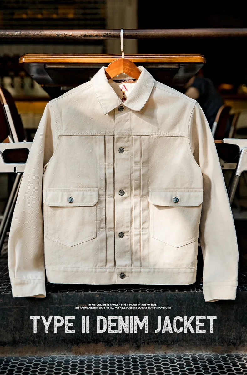 Maden Retro Type II Denim Jackets Beige Cotton Washed Denim Coats for Men's Autumn Versatile Single-breasted Lapel Outwear