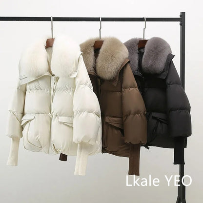 Women's Winter Parka Coat 2025 Casual Korean Version Lady Outerwear Temperament Thicken Big Fur Collar Ladies Down Cotton Jacket