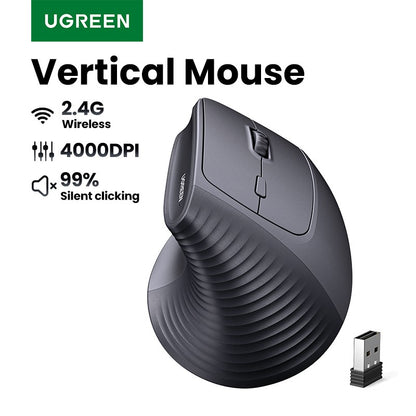 Mouse Sem Fio Vertical UGREEN 2.4G Ergonômico 4000DPI 6 Botões Silenciosos para MacBook, Tablet, Notebooks, Computador, PC, Mouse Preto e Rosa