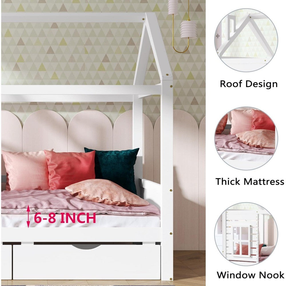 Cama Infantil Aoowow com Cama de Casa de Tamanho de Solteiro e 2 Gavetas, Estrutura de Cama de Madeira de Solteiro com Janela e Telhado para Quarto, Cama Infantil de Tamanho de Solteiro Moderna Pla
