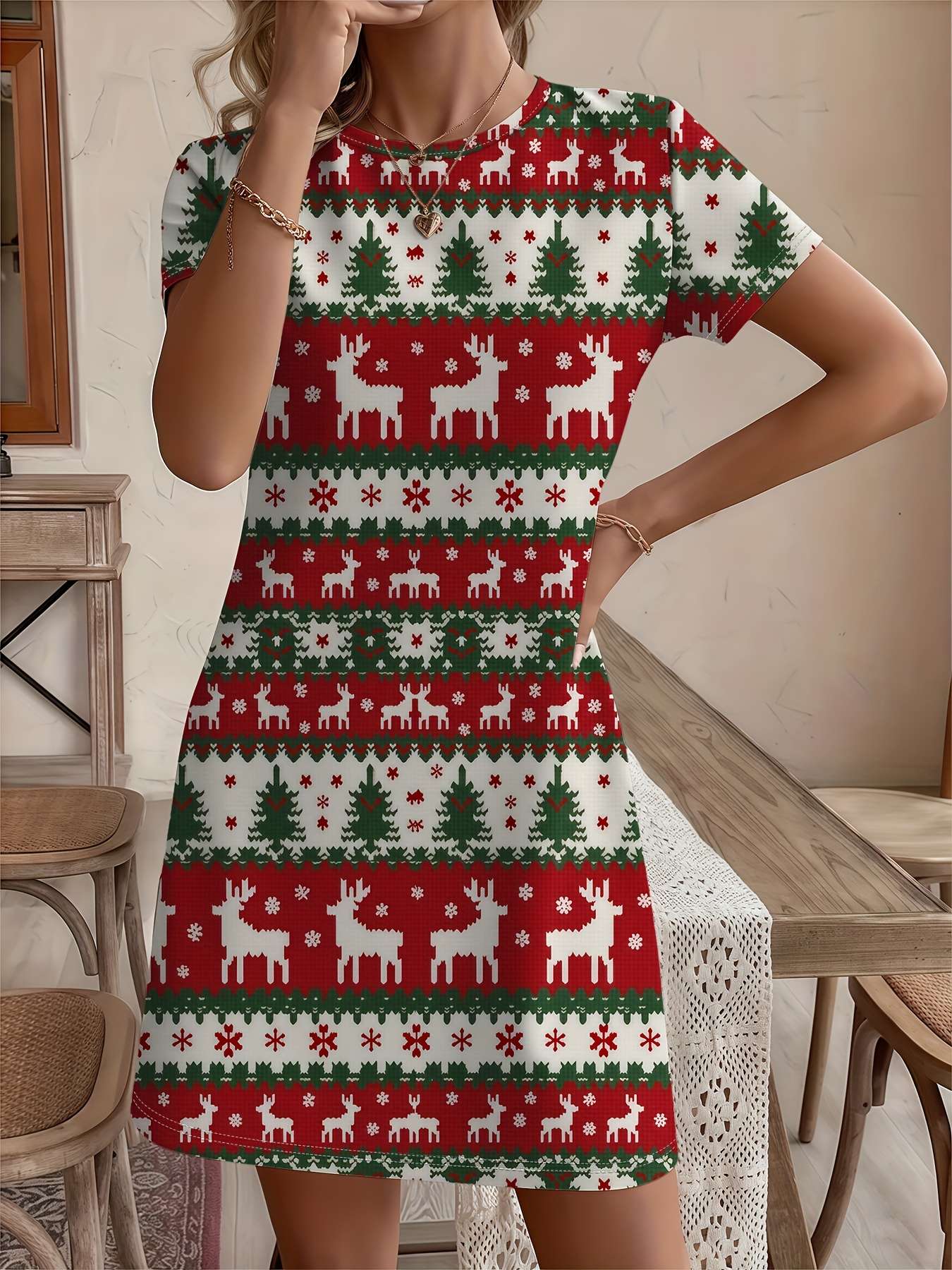 ? Women'S Christmas Tree Print Dress Red Golden Holiday Party Outfit  All-Season Elegant Long Dress for Xmas New Year'S Eve Xmas