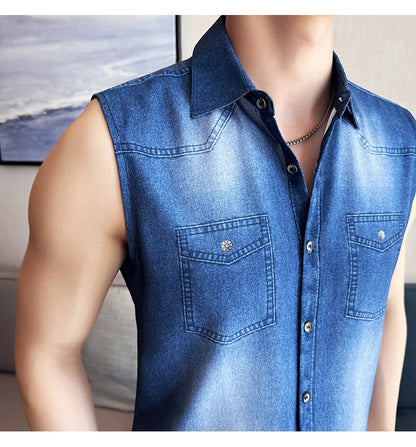 Men's Slim-Fit Sleeveless Denim Shirt Vest: WashedFabric Wrinkle-Free & Stylish Casual Wear? M-4XL