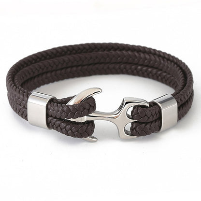 Pulseiras de Âncora Punk de Aço Inoxidável Pulseira de Couro Genuíno e Braceletes Masculinos Joias Pretas Presente de Moda