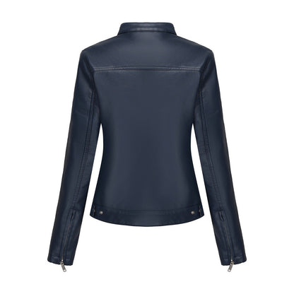 Black Women's Fitted Leather Jacket with Front Zipper & Side Pockets?, Available in Brown, Navy Blue, and Beige.