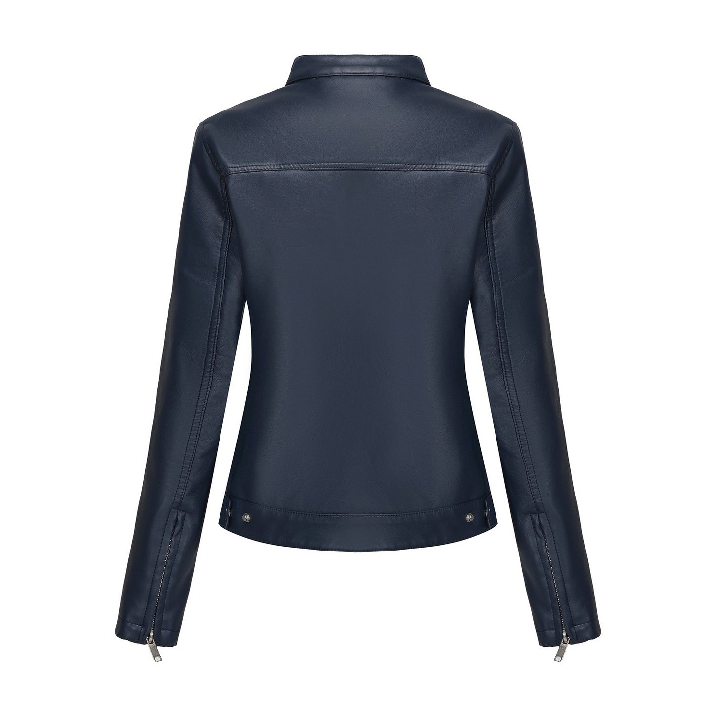 Black Women's Fitted Leather Jacket with Front Zipper & Side Pockets?, Available in Brown, Navy Blue, and Beige.