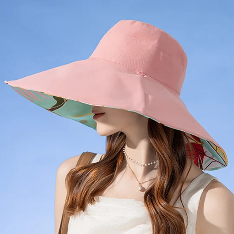Xinbaoguan 100%poliéster8240Chapéu de pescador de aba dupla alargada NOVO transfronteiriço feminino Chapéu de sol de verão Chapéu de sol fashion