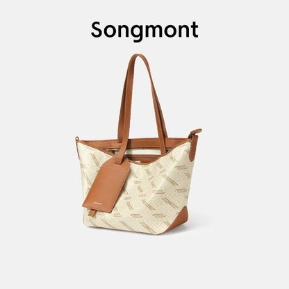 Songmont Designer Tote Bag Signature Monogram Print PU Material Lightweight Durable Womens Bag Zipper Top Polyester Lining