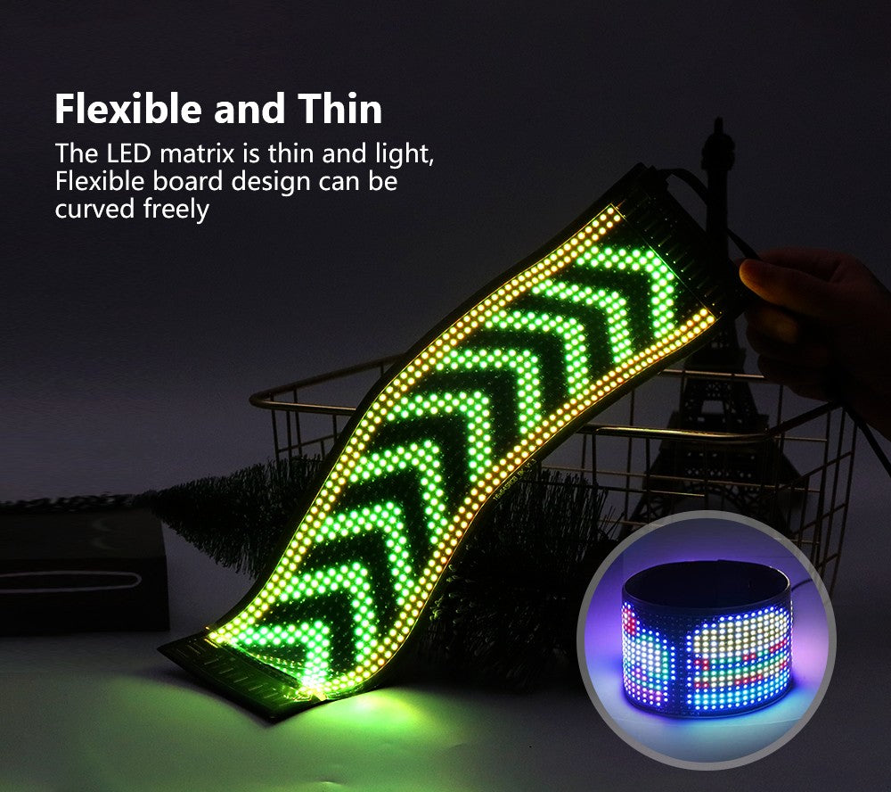 Painel de Pixels LED Flexível para Caminhão, Olhos de LED Brilhantes com Rolagem, Sinal de Carro LED USB com Controle Bluetooth por Aplicativo DIY