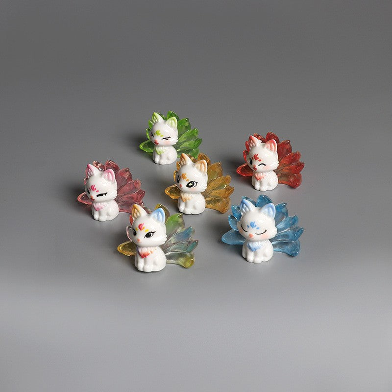 1/6Pcs Cute 9 Tailed Fox Resin Figurine, Kawaii Fantasy Miniature Mythical Fox Animal Decor for Desk Shelf Car Collectible Gift