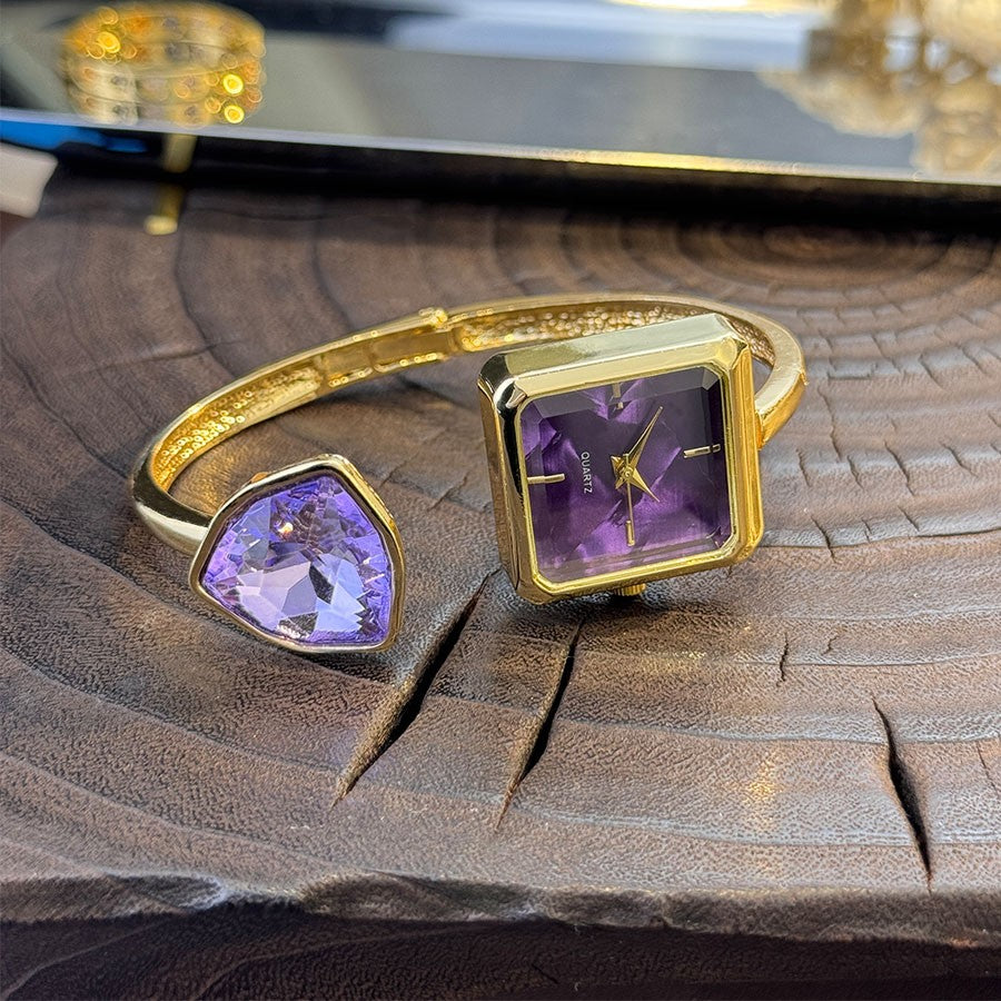 New Ladies Open Bracelet Watch Assorted Shaped Diamond Color Gemstone High-End Quartz Wristwatch Lazy Person's Stylish Timepiece