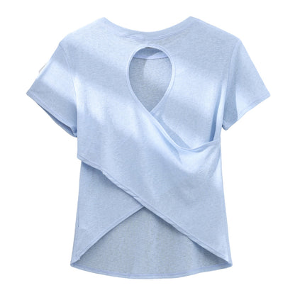 DRUR Gym Tops Women Lightweight Sweatshirt Summer Short Sleeve Quick Dry Fitness Running Tshirt Back Cross Hollow Yoga Wear New