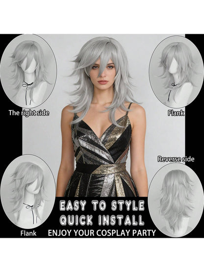 Synthetic Medium Length Fluffy Spiky Women Man Layered Straight Anime Cosplay Wig with Bangs for Halloween Party