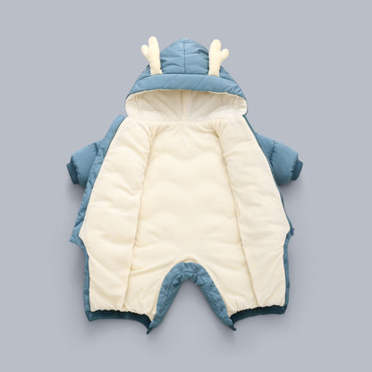 Demin-season Winter Kids Boys Rompers 2025 Cartoon Pockets Hooded Bodysuit For 0-3Y Newborn Infant Babys Boys One-piece Jumpsuit