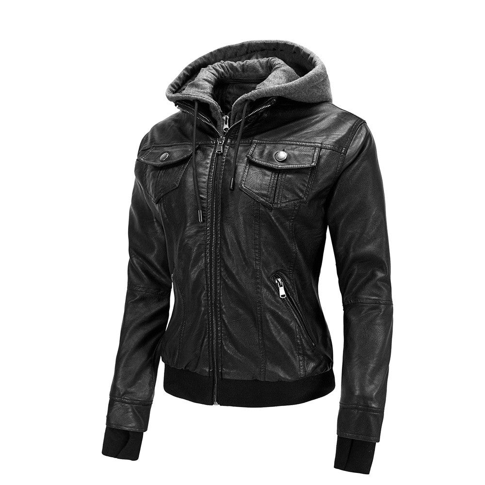 Autumn and Winter Women's Motorcycle Leather Jacket Short Hooded Detachable Hood Jacket Slim Fit Plus Suede Leather Jacket Women