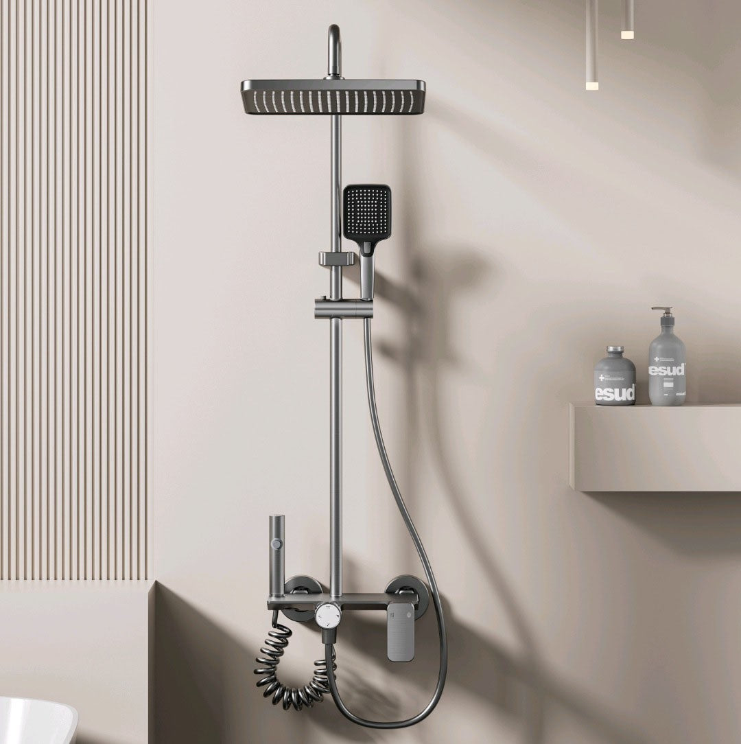 Household Aluminum Shower System Set Multifunction Rotary Knob Hot and Cold Water Pressurize Bathroom Gunmetal Gray Shower Set