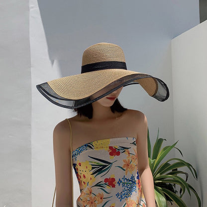 Chapéu de Sol Feminino, Aba Grande, Ondas, Boné de Praia, Chapéu Feminino, Viseiras de Sol de Aba Grande, Boné Panamá com Proteção UV, Chapéu Dobrável de Palha, Protetor Solar Vintage