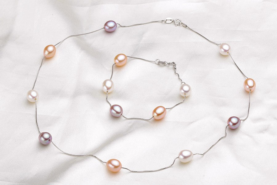 HENGSHENG Natural Pearl Necklace/Bracelet Jewelry Sets 925 Sterling Silver Chain with Freshwater Pearl Jewelry Gift for Women