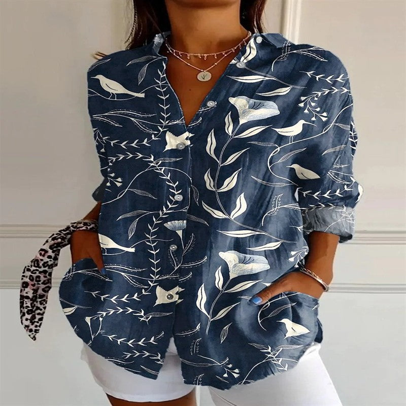 2025 New Retro Floral Art Print Casual Linen Shirt Fashionable Pretty Shirt Fast Shipping