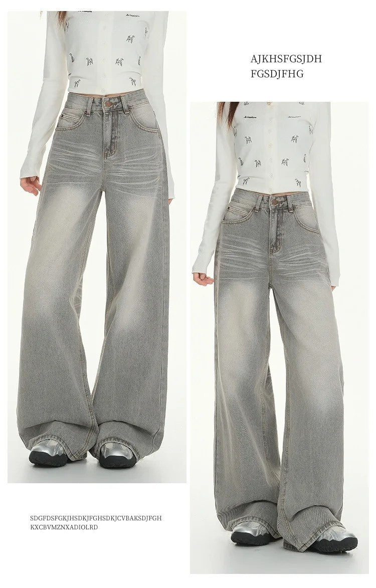 Gray American High Street Wide Leg Jeans Women Loose Drapey Slim Straight Floor-Length Pants High Waist Button Decoration