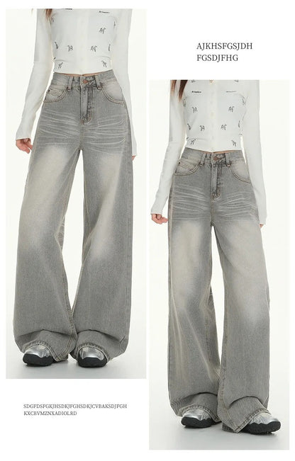 Gray American High Street Wide Leg Jeans Women Loose Drapey Slim Straight Floor-Length Pants High Waist Button Decoration