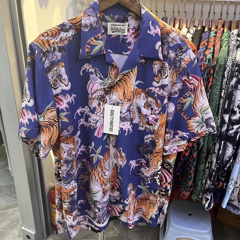 Classics Summer WACKO MARIA Shirts Full Print Leopard Rayon Short-sleeved Real Photos Hawaiian Shirt for Men Women