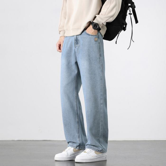 Calça Jeans Masculina Reta Vintage de Primavera Outono Calça Casual de Alta Qualidade Masculina Coreana Moderna Folgada de Perna Larga
