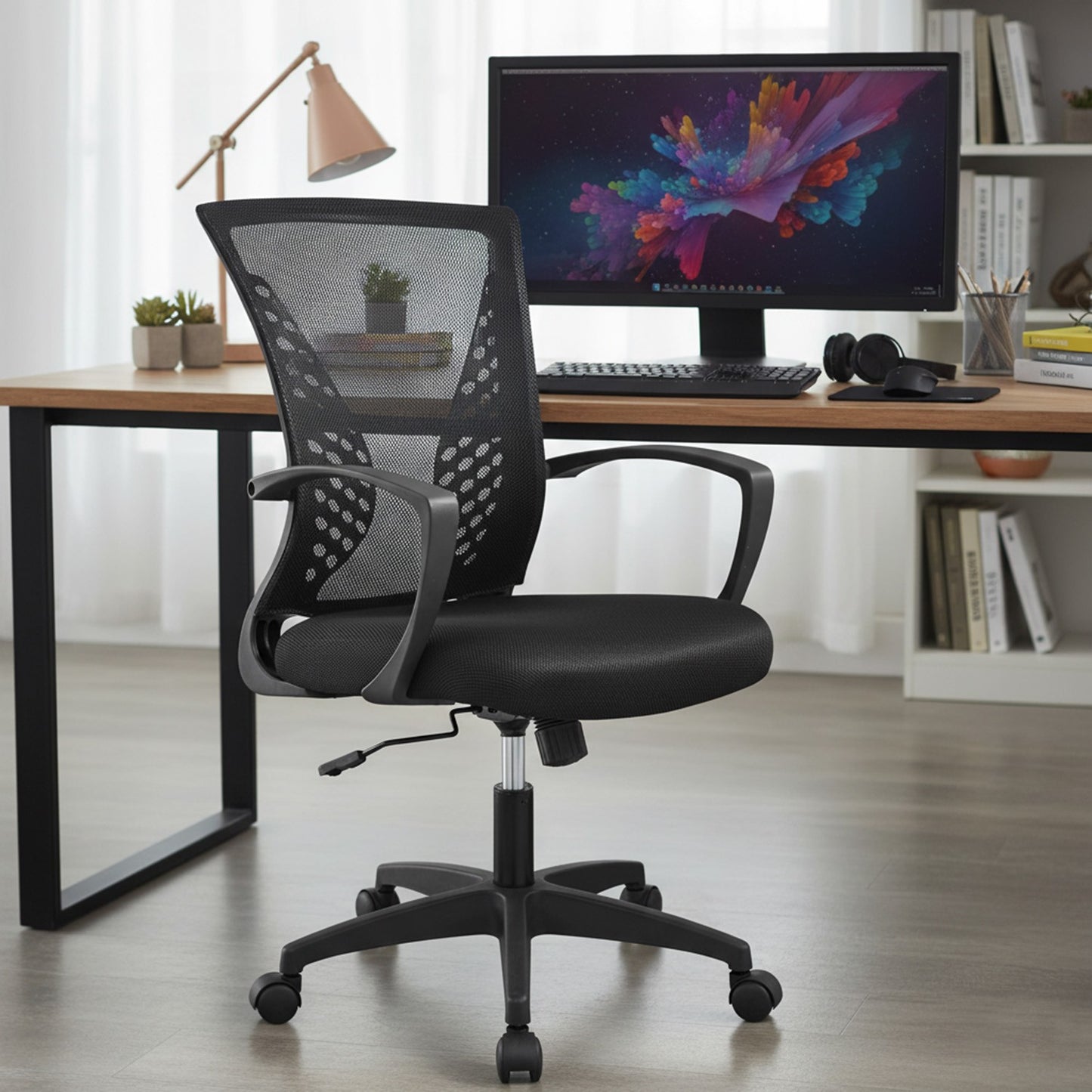 Cadeira de Escritório, Cadeira de Malha Ergonômica para Computador, Cadeira Giratória Média com Suporte Lombar e Braços