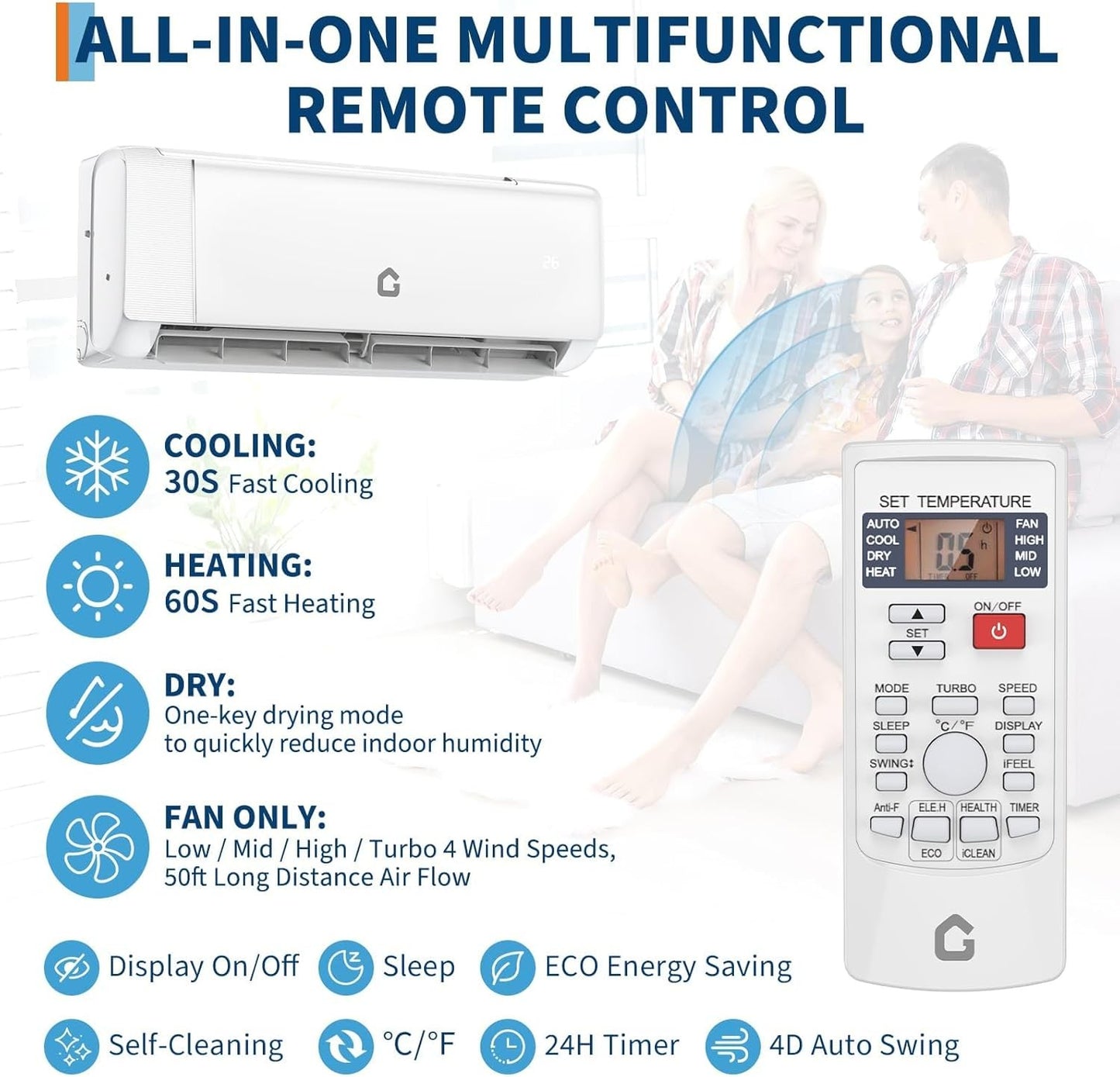 Ar Condicionado Mini Split Quente e Frio 9000 BTUs, 18.5 SEER2, 208-230v, Unidade AC sem Duto para 42 m², WiFi, Controle Remoto, Inversor Silencioso