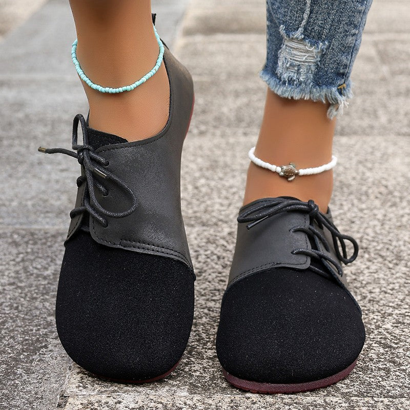 Round Toe Faux Suede Flats Shoes Women Spring Autumn Concise Lace Up Flat Heel Shoes Woman Plus Size Non Slip Casual Shoes Lady