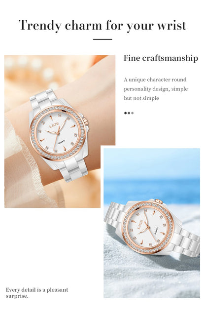 LIGE Fashion Elegant Watch for Women Ceramics Strap Diamond wristwatch Luxury Ladies Bracelet Quartz Watches Gifts Reloj Mujer