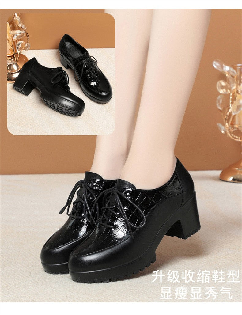 Deep Mouth Soft Leather Shoes Women Oxfords Platform Pumps High Heels Shoes Black Lace up Office Work Pumps Shoes Comfortable