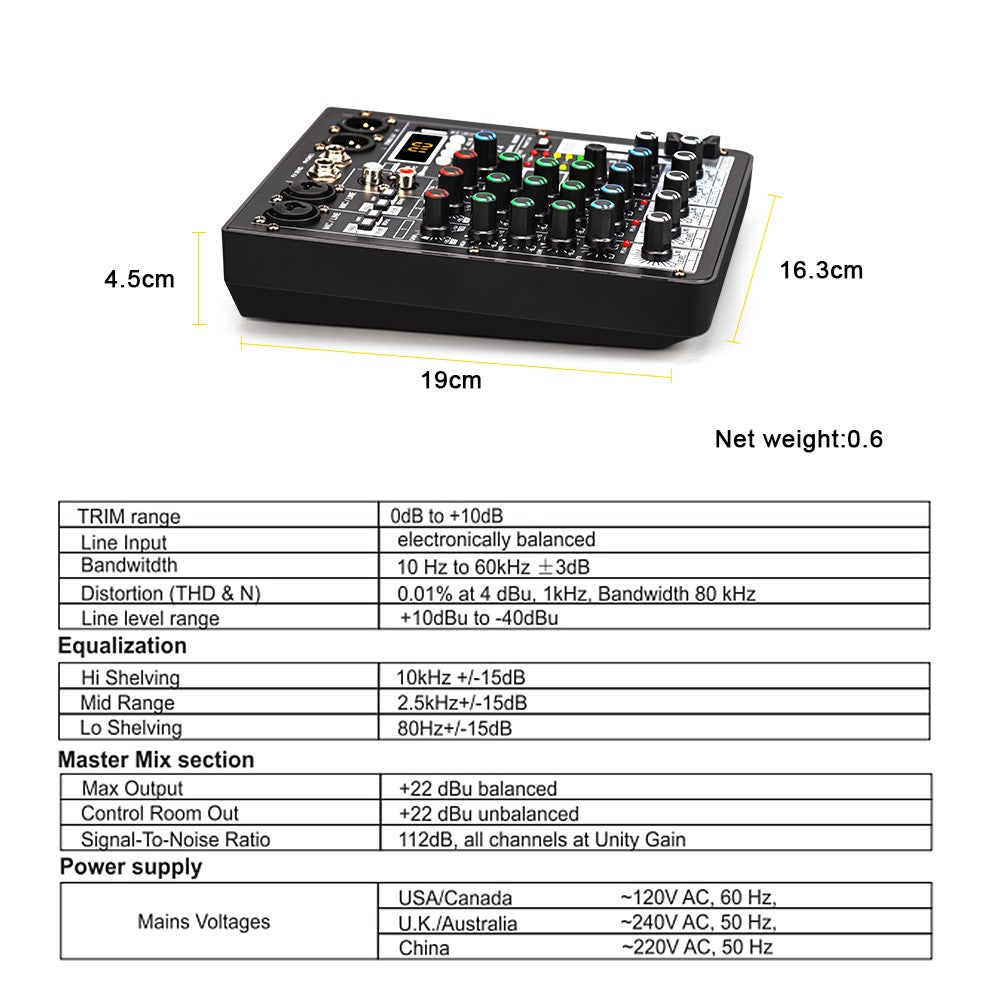 Mesa de áudio TKL 4 canais 99 DSP com alimentação fantasma 48V, mixers de som USB de estúdio, console de mixagem Bluetooth DJ para karaokê