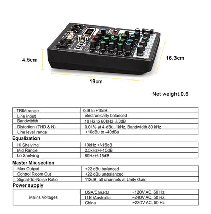 Mesa de áudio TKL 4 canais 99 DSP com alimentação fantasma 48V, mixers de som USB de estúdio, console de mixagem Bluetooth DJ para karaokê